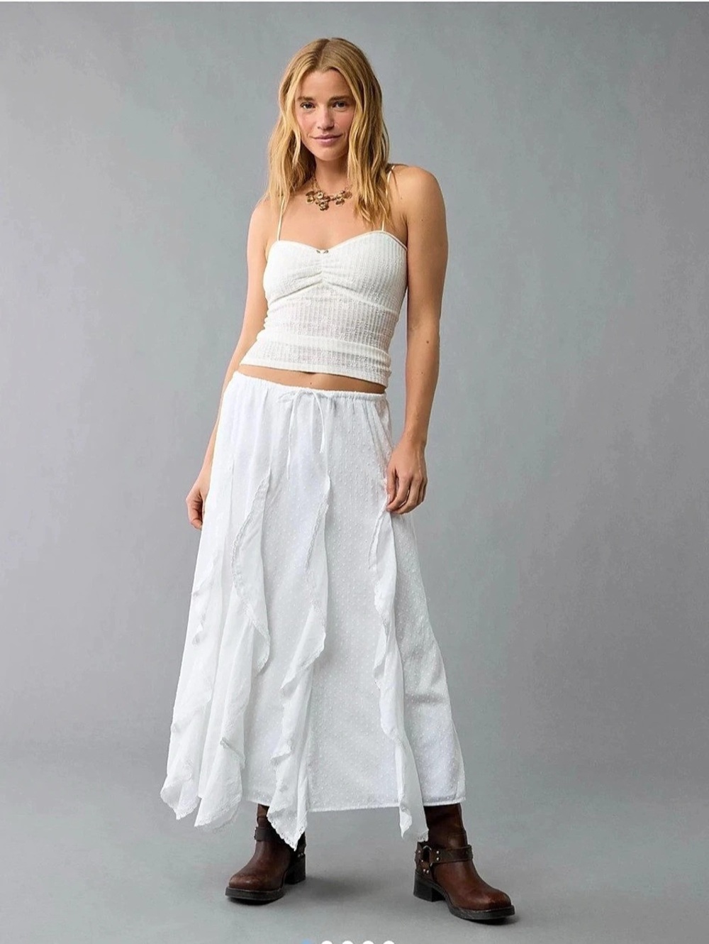 American Eagle AE White Swiss Dot Ruffle Maxi Skirt White Size Large